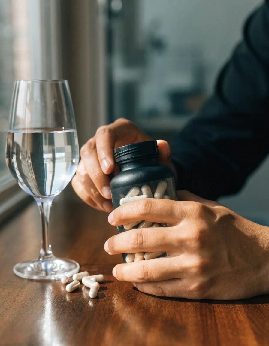 A man comparing a multivitamin bottle against printed label notes at a desk