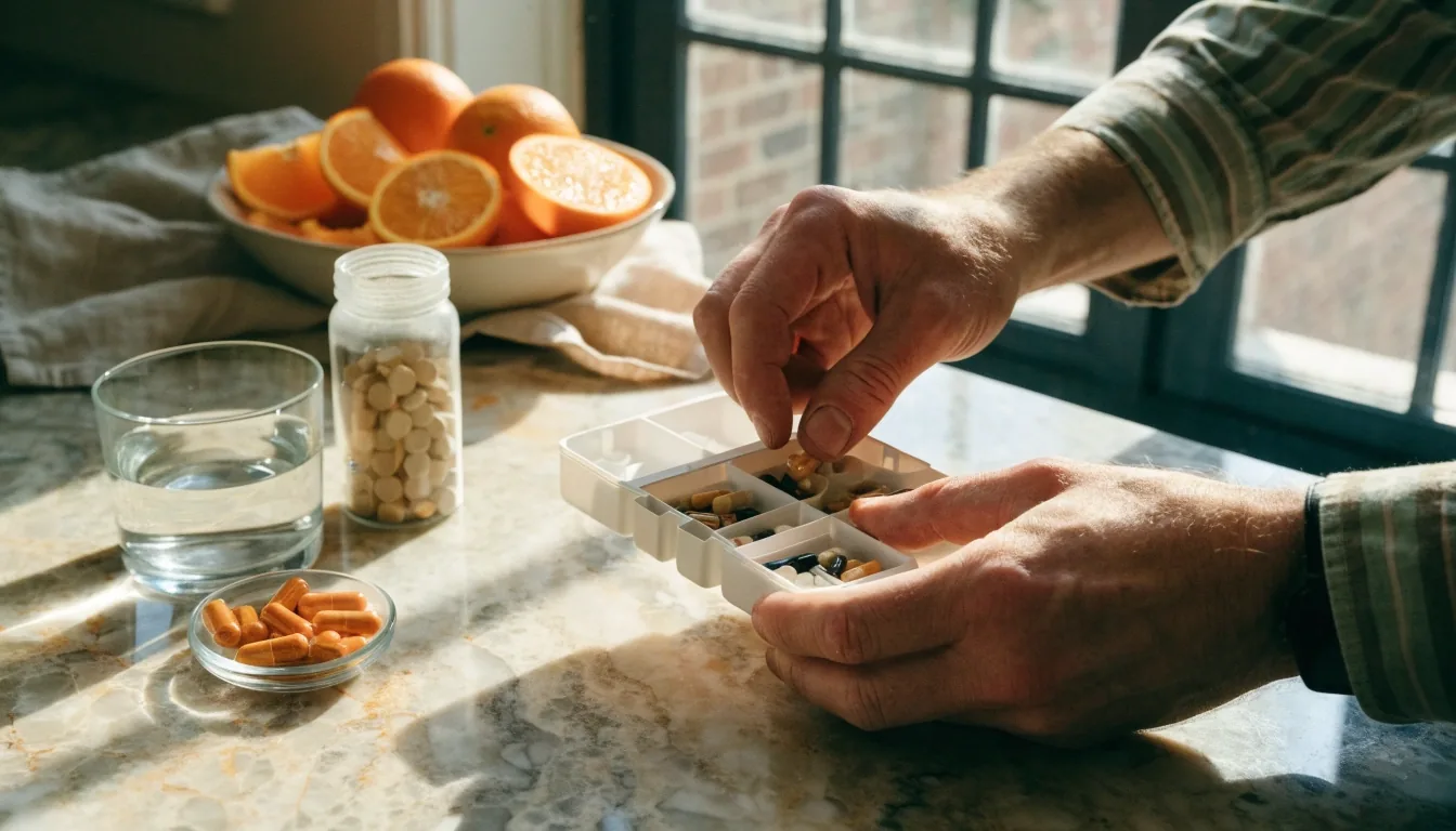 A weekly pill organizer and multivitamin bottles on a morning kitchen counter
