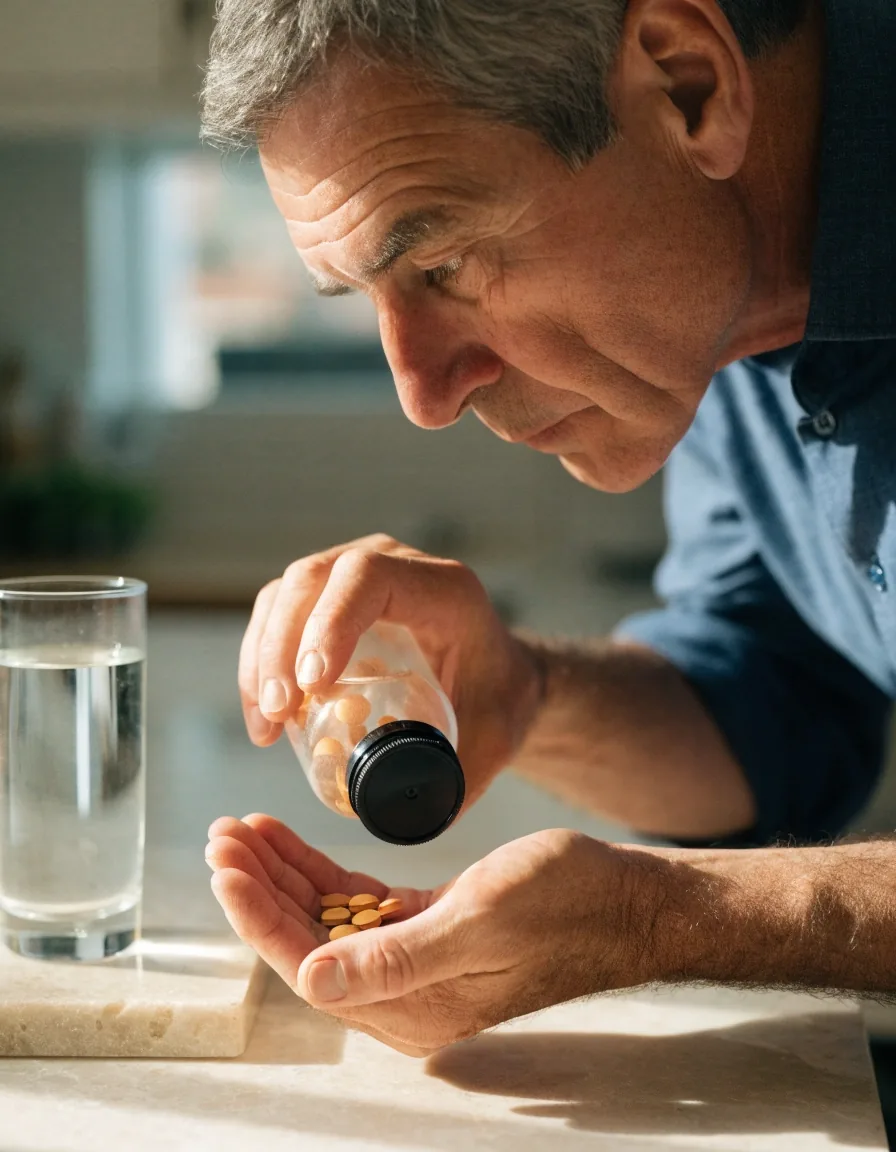 An older man holding multivitamin tablets in his palm at a sunlit kitchen counter