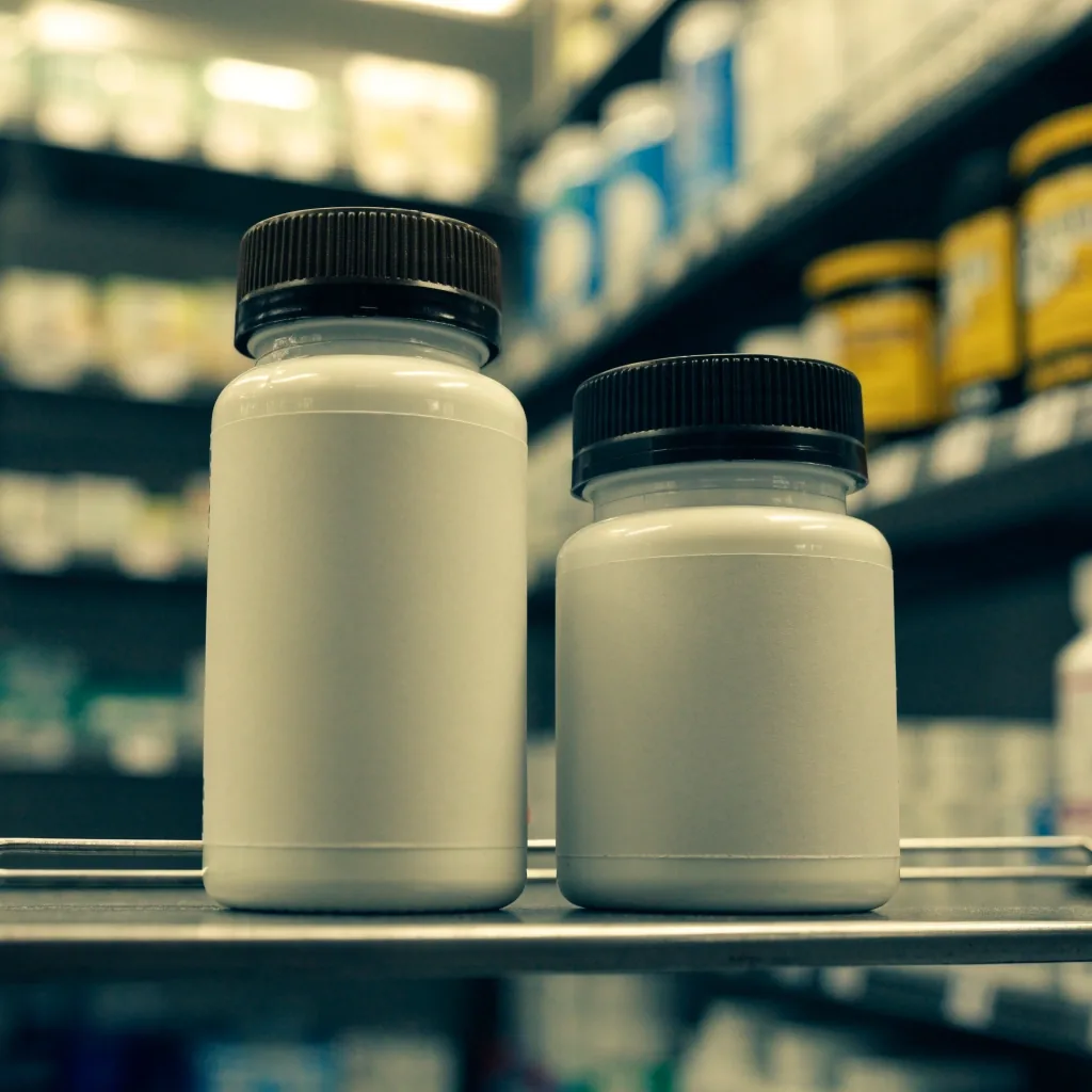 Two same-brand supplement bottles standing side by side on a pharmacy shelf