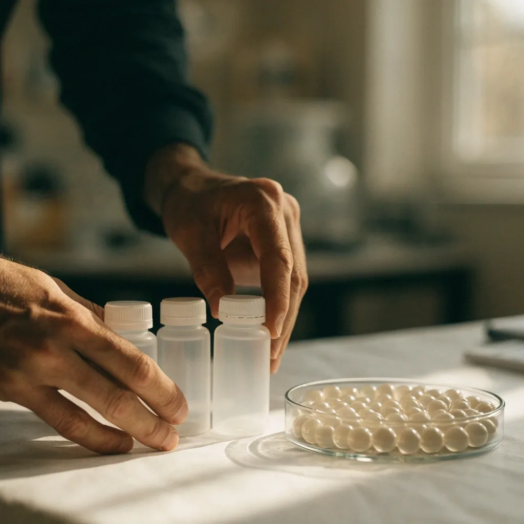 Three unprinted supplement bottles lined up on a table beside a glass dish of capsules under window light
