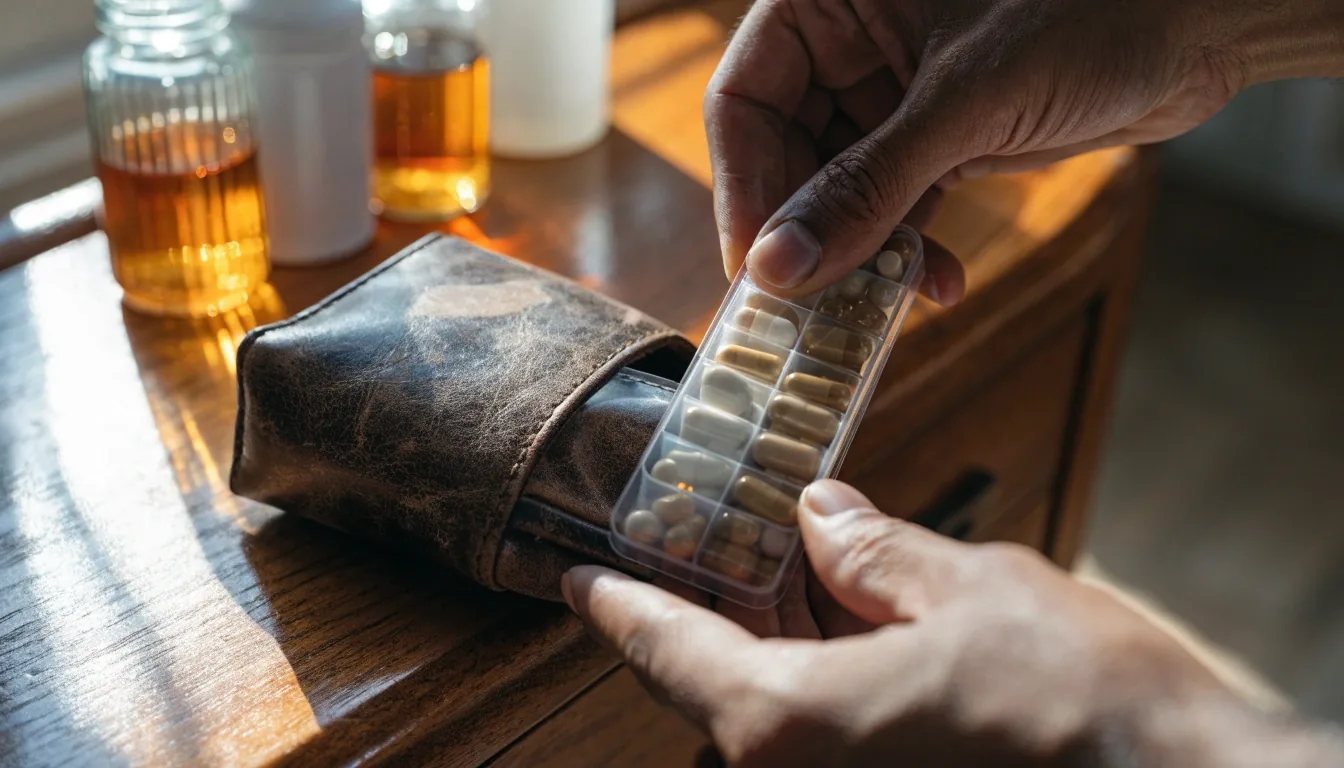 A man's hands pulling a travel capsule organizer from a leather pouch beside supplement bottles in warm morning light
