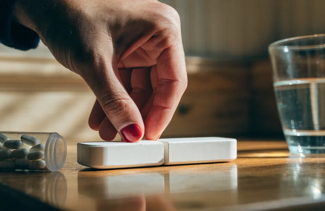 A single large white tablet beside a small pill bottle on a bathroom shelf in soft daylight