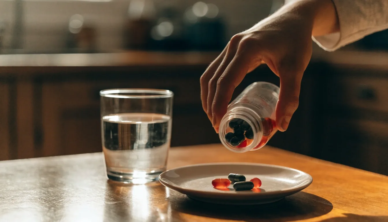 A hand reaching for a supplement bottle beside a glass of water on a kitchen counter at dusk
