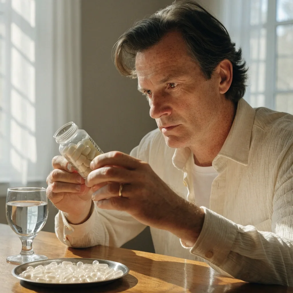 A man at a table in a bright room reading a product label held away from the camera, with capsules and water nearby