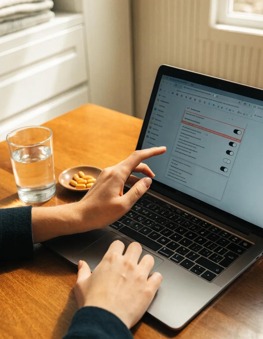 Hands using a laptop at a tidy desk in a bright home office, with a glass of water nearby