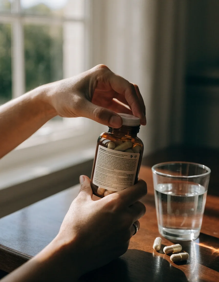 Hands turning an unbranded supplement bottle to read the ingredient panel beside capsules and a glass of water