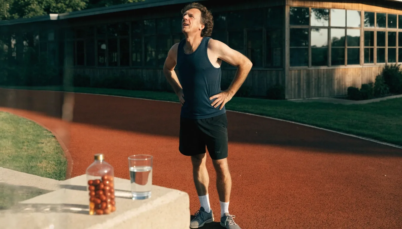 Men stretching and talking at the edge of an outdoor running track at golden hour with water bottles on a bench