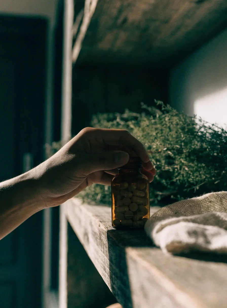 Unmarked amber supplement bottle beside loose capsules and dried green leaves on warm linen