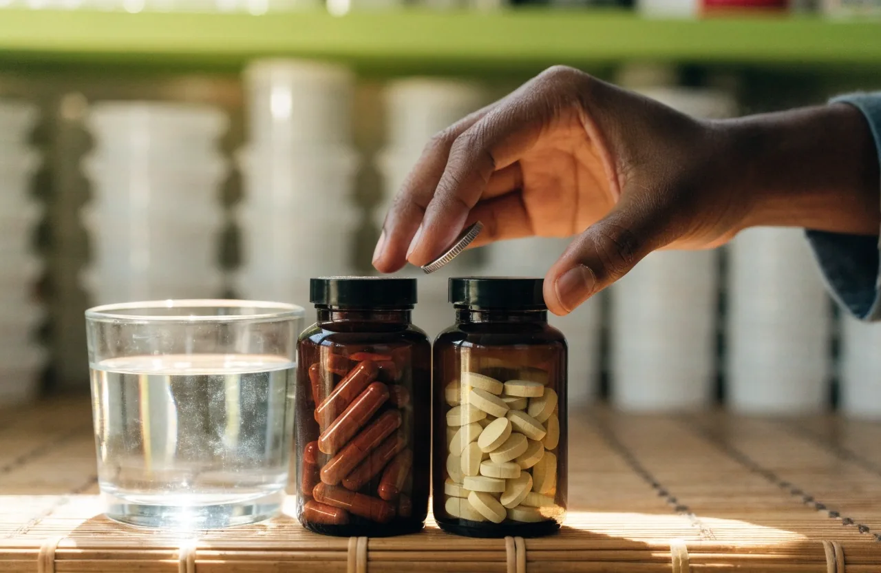 Supplement bottle and glass of water on a kitchen counter in quiet morning light
