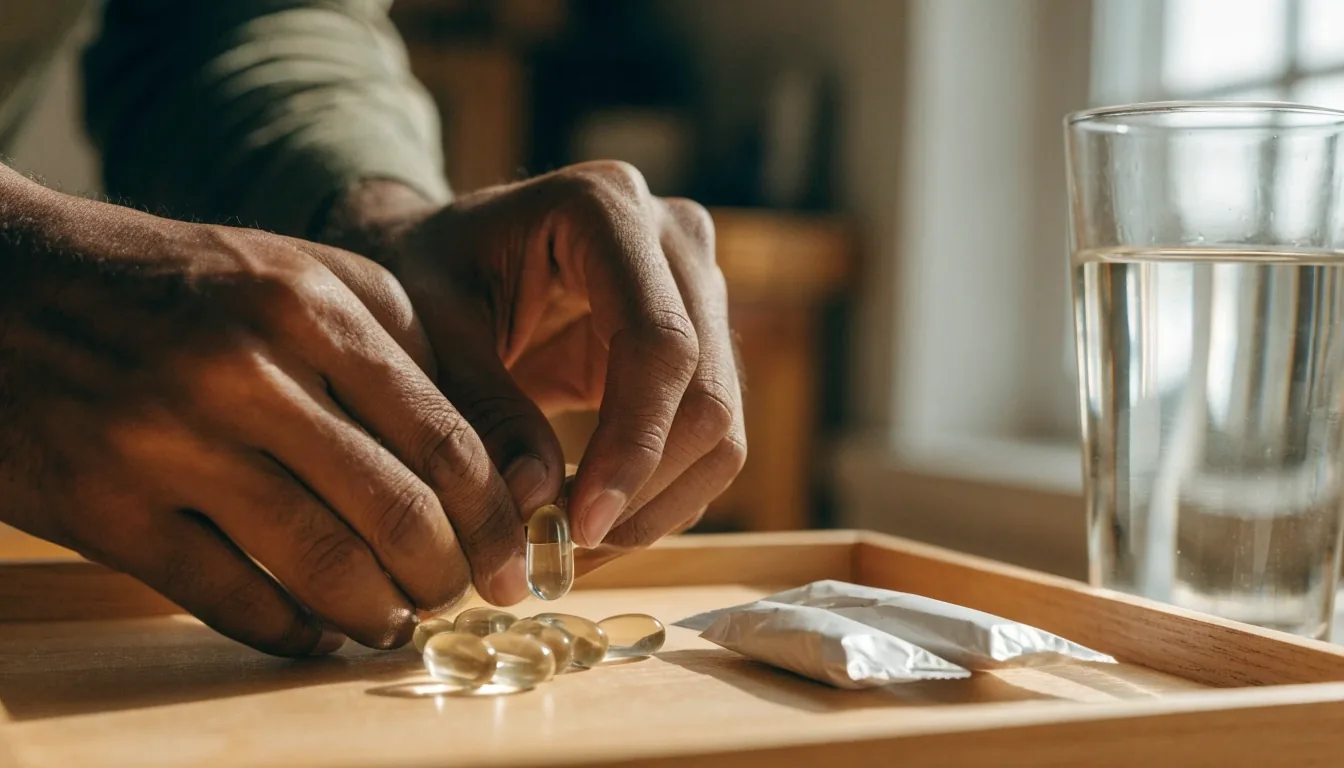 Hands writing a note at a wooden desk with an unlabeled supplement bottle nearby