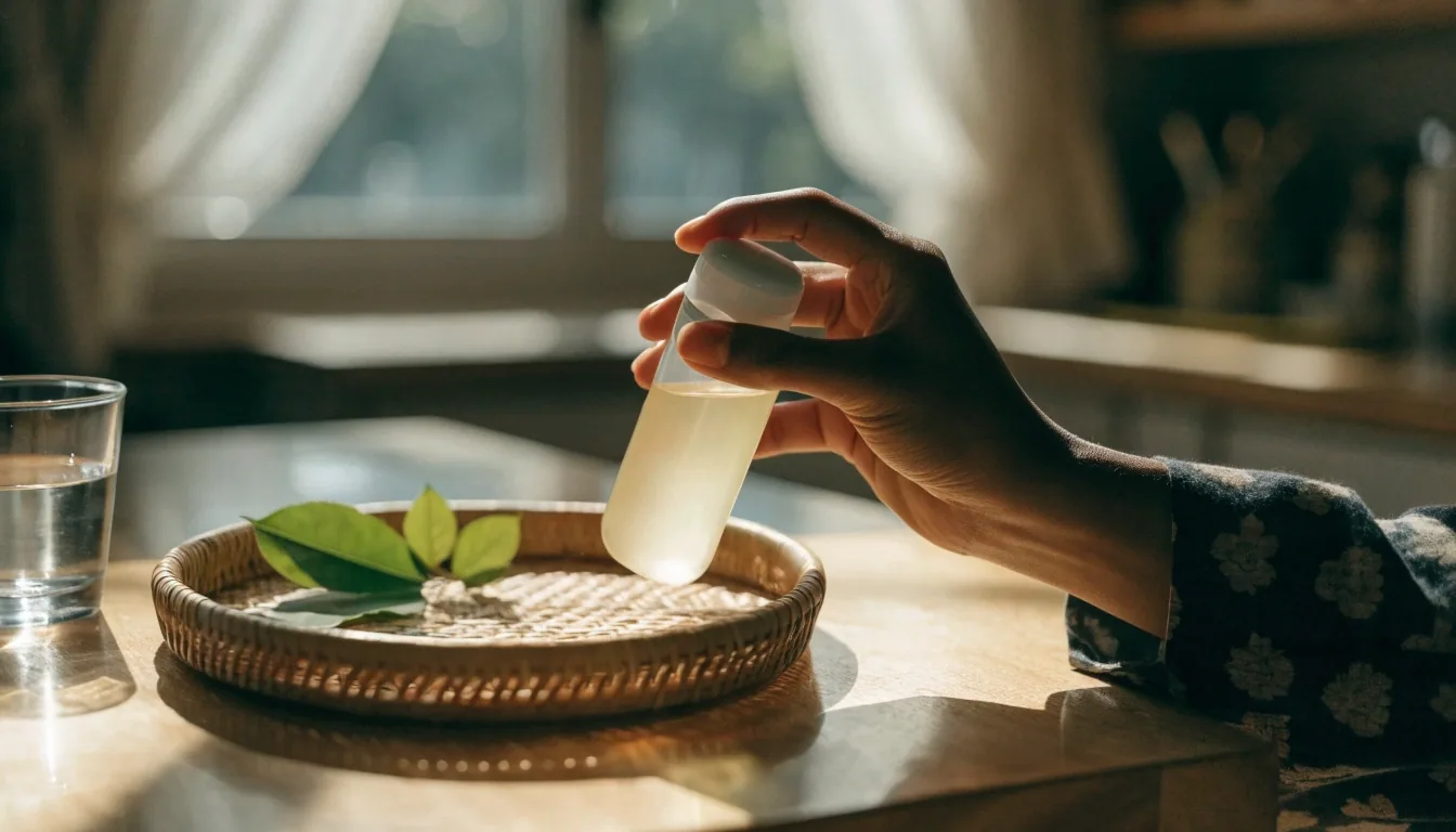 Unbranded supplement containers in different formats arranged on a kitchen worktop beside a glass of water