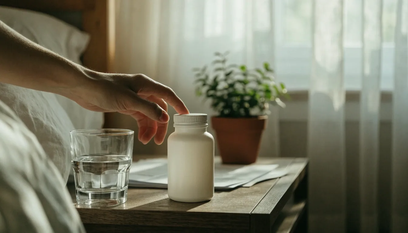 Unbranded supplement bottles and a glass of water on a side table in a sunlit apartment corner